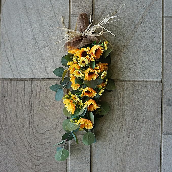 Artificial Sunflower Teardrop Swag, Spring Sunflower Swag, Summer Teardrop Wreath, Sunflower Flowers Wall Hanging, Artificial Eucalyptus Teardrop Swag for Front Door Home Party Wedding Decor(#1)