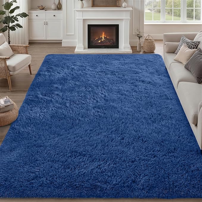 Fluffy Area Rugs 9x12 Living Room Bedroom: Ultra Soft Shag Rug Upgrade Non-Slip Non-Shedding Large Fuzzy Plush Carpet Indoor Floor Carpets for Kids Room Playroom Nursery Dorms Home Decor Blue