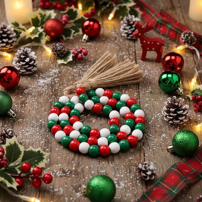 Equsion Seasonal Wooden Bead Garland with Tassels, 3.3 ft Holiday Vintage Boho Bead Garland Easter Tray Decoration, Vase Wall Room Art Birthday Party Decoration(Christmas Colors)