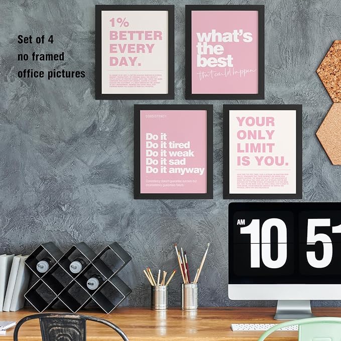 DSHFG Motivational Inspirational Office Wall Art Decor Prints Set of 4, Black Motivational Wall Decor Trendy Retro Posters for Office Home Decor, 12x16 Unframed (Pink)
