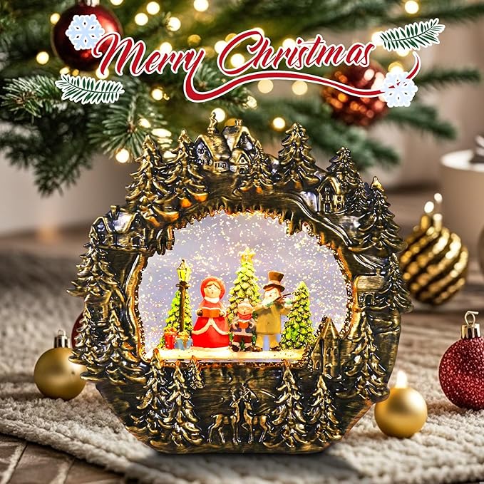 Christmas Snow Globe Lantern Water Glittering Globe with Caroling Family 8 Music Songs & 6H Timer Christmas Snow Globes USB & Battery Operated for Christmas Festival Decorations Gifts (Bridge-Family)