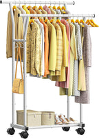 Luxspire Double Rods Clothes Rack for Hanging Clothes, Rolling Clothing Rack with Side Hooks, Bottom Shelves, 360° Wheels, Garment Racks for Bedroom, Laundry, Living Room, White
