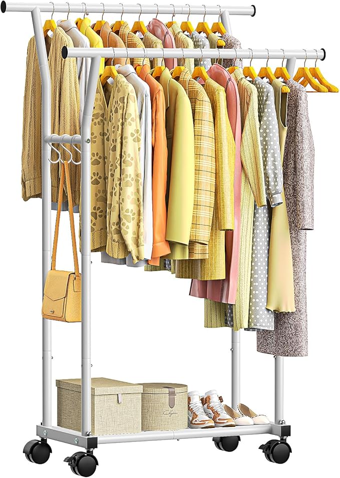 Luxspire Double Rods Clothes Rack for Hanging Clothes, Rolling Clothing Rack with Side Hooks, Bottom Shelves, 360° Wheels, Garment Racks for Bedroom, Laundry, Living Room, White
