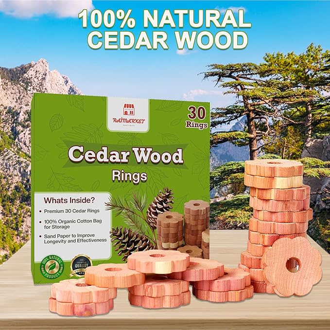 Cedar Blocks for Clothes Storage - Raimarket 30 Pack Cedar Rings - 100% Natural Aromatic Cedar Wood Chips for Closets, Wardrobe, Drawers & Shelves - Scented Wardrobe Freshener- Moisture Absorption