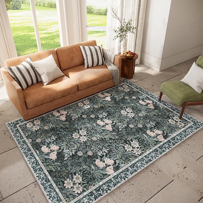 Vintage Floral with Ornate Border Washable 6x9 Area Rug, Soft Low Pile Carpet for Living Room, Dining Room Under Table, Bedroom | Non-Slip, Stain Resistant & Durable
