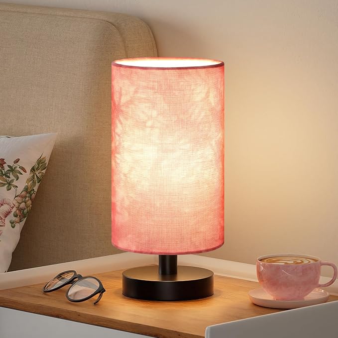Fenmzee Small Table Lamp for Bedroom - Inline Control, Bedside Lamp with 3000K A15 LED Blub, Easy Assembly (Pink Shade - Black Base, 9" Inline Control)