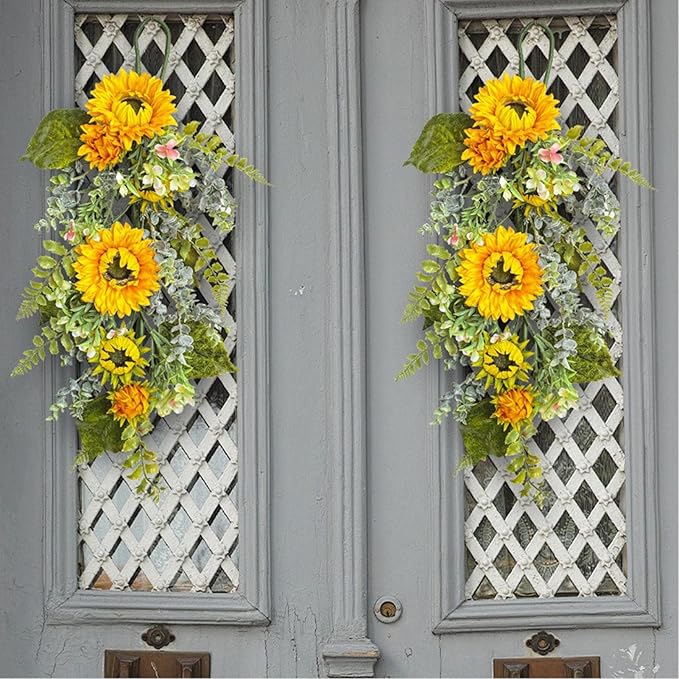 Sunflower Teardrop Swag for Front Door 27.5 Inch Decorative Spring Summer Floral Door Wreath with Yellow Sunflower Spring Summer Greenery Swags Wreath for Wedding Arch Home Party Wall Decor(Yellow)