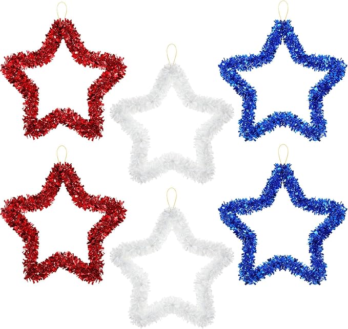 Chuangdi 6 Pcs 4th of July Wreath 250th Anniversary Decoration for Front Door, 11.8 Inch Patriotic Red White Blue Star for Independence Day Wall Window Home Hanging Veterans Memorial Day Party Supply