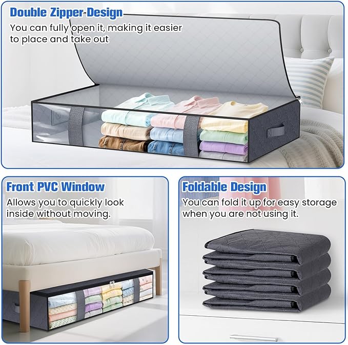 Under Bed Storage Containers, 8 Pack Blanket Storage Bags, Collapsible Storage Bags with Big Zippers, Clear Front, Shoe Storage and Organization for Clothes, Comforter, 90L, Grey