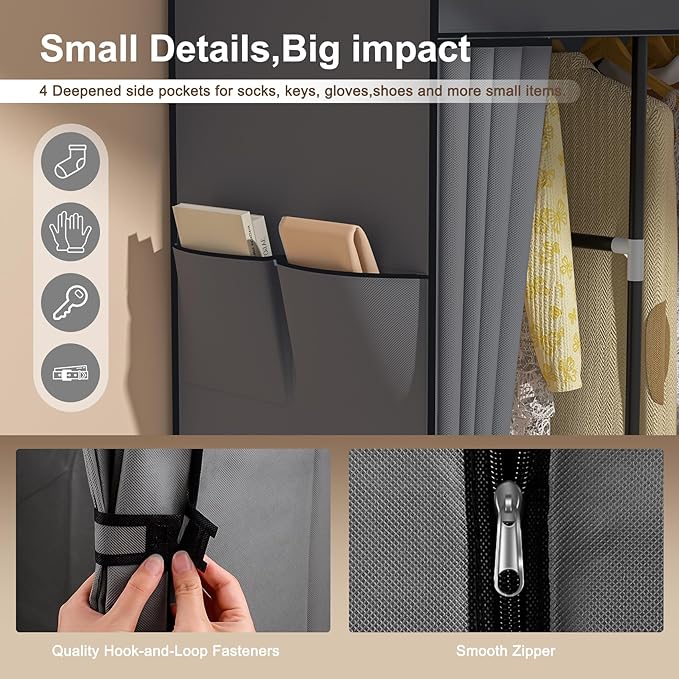 Portable Closet, 66 Inch Large Capacity Wardrobe for Closet Organizers and Storage with Non-Woven Fabric Cover, 4 Hanging Rods, 8 Shelves(Grey)