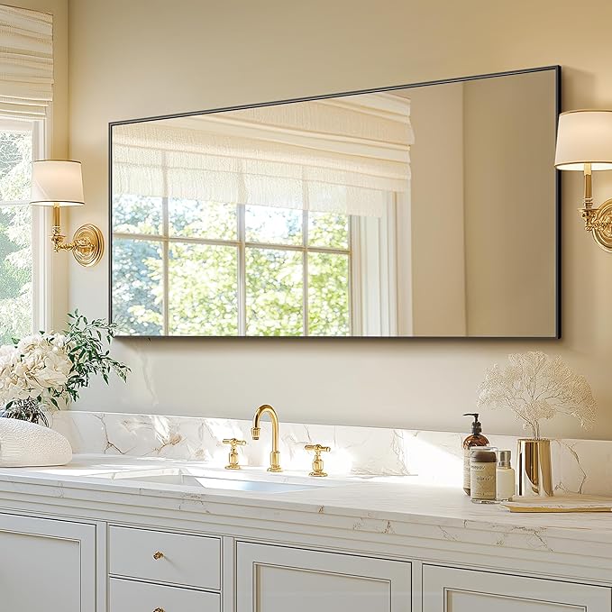 TRAHOME Bathroom Vanity Mirror for Wall, 55" x 30" Metal Framed Rectangular Bathroom Wall Mirror for Over Sink, HD Shatterproof Glass, Hangs Horizontally or Vertically(Black)