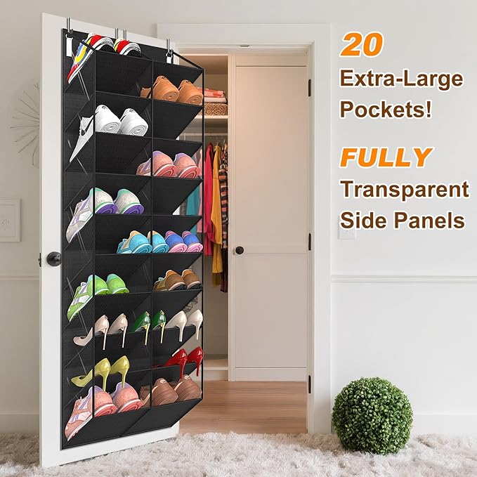 20-30 Pairs Over the Door Shoe Organizer, Clear Pockets Hanging Shoe Storage for Closet, 10-Tier Door Shoes Rack, Handing Shoes Holder Fit All the Family's Sneakers, Boots, Heels, Black