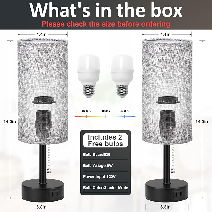 Fenmzee Grey Bedside Table Lamps Set of 2-3 Color Temperatures Pull Chain Lamp with AC Outlet Charging Port, Round Night Stand Lamps for Bedroom Office, Small Bed Side Light with E26 LED Bulbs