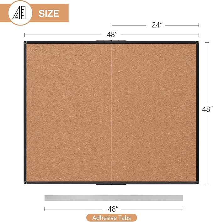 Extra Large Cork Bulletin Board 48" X 48", Foldable Notice Pin Board for Wall, Black Aluminum Framed 4'x4' Corkboard, Wall Mounted Noticeboard with 36 Push Pins for School, Home & Office