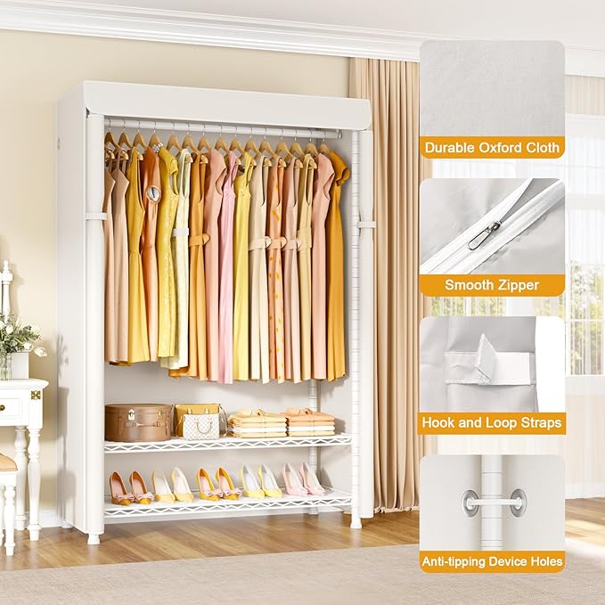 H5C Plus Clothes Rack with Cover, Portable Closet for Hanging Clothes, Covered Clothing Racks Heavy Duty, 3-Tiers Garment Rack with Shelves Max Load 370LBS White Closet Rack with White Cover