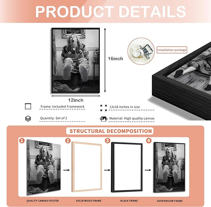 Funny Wall Art Set of 2 - Black Floating Frame Black and White Vintage Humor Bathroom Wall Decor, Dumb And Dumber Movie Posters Art, Bathroom Decor Canvas Wall Art 12x16 in