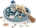 Hanobe Beach Decor Decorative Tray: Farmhouse Coastal Tray for Nautical Themed Decorations Coffee Table - Round Wooden Trays Ocean Style for Bathroom Countertop Centerpiece Rustic Blue