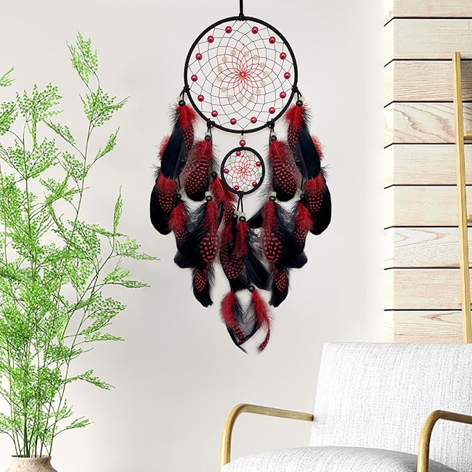 Red and Black Dream Catcher Wall Decor Feather Dream Catchers with Luminous Bead Handmade Dreamcatcher Wall Hanging Ornament for Bedroom Living Room Home Decor