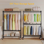 Heavy Duty Garment Rack with Wheels, H2 Plus Rolling Clothing Rack for Hanging Clothes, Load 480 LBS Portable Closet, Metal Adjustable Shelves & Double Hanging Rods for Bedroom Storage, Black