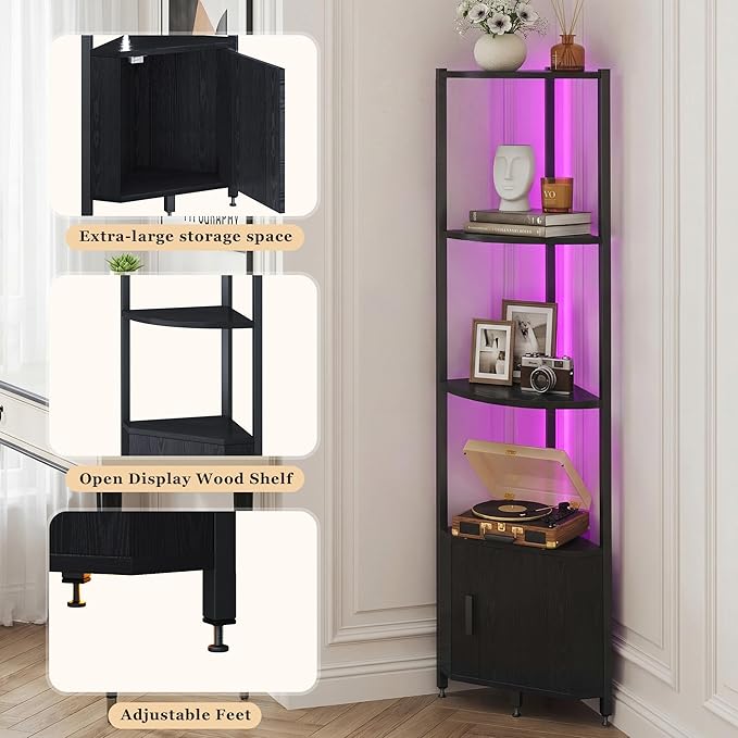 Corner Shelf with Storage, LED Lights 6-Tier Corner Bookshelf, 66'' Organizer Book Shelf Shelves Steel Frame Display Stand with Living Room, Bedroom, Study, Black