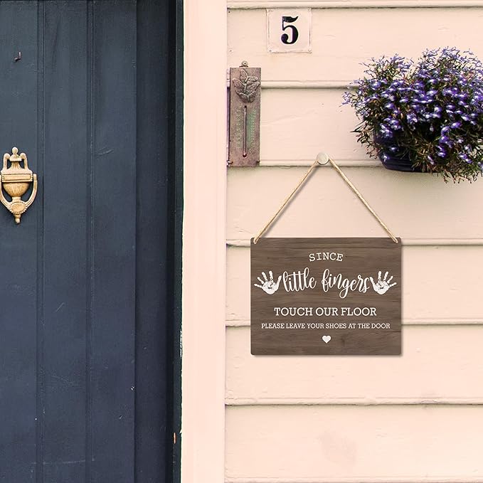Wall Pediments Shoes Off Sign,Shoes Off Sign for Front Door,Since Little Fingers Touch Our Floor Door Sign,Shoes Off Hanging Welcome Sign for Front Door,6x12 Inches，Wood Grain-5