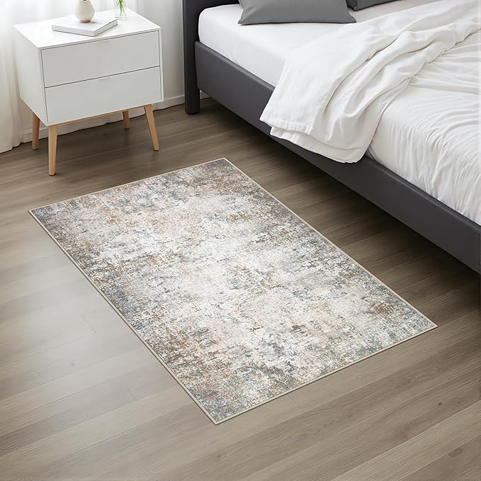 Washable Area Rug 2x3 Entryway Rug: Washable Modern Abstract Soft Thin Rug Indoor Floor No Slip Stain Resistant Carpet for Bedroom Dining Room Farmhouse Nursery Home Office - Brown Grey