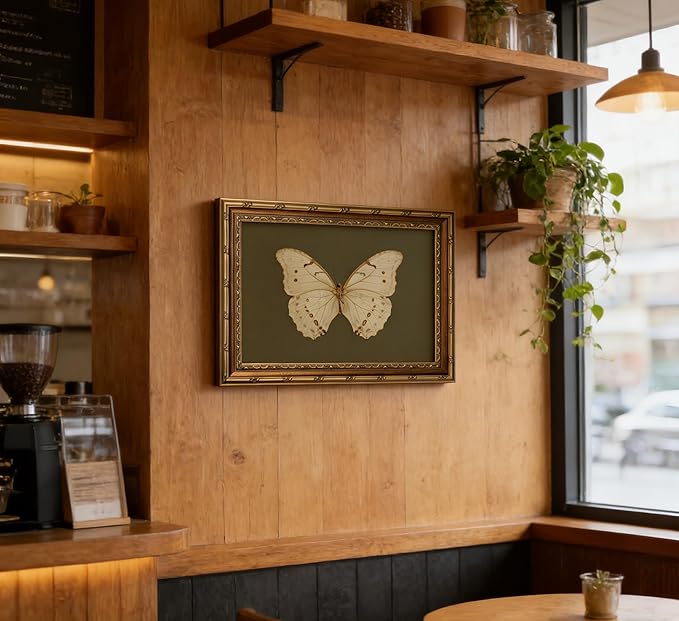 Vintage Gold Framed Wall Art Retro White Butterfly Canvas Print Dark Green Olive Insect Painting Picture Rustic Farmhouse Moth Cottagecore Poster Artwork for Living Room Bedroom