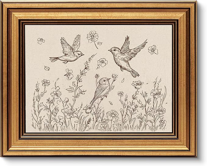 VIYYIEA Vintage Gold Framed Wall Art for Living Room, Birds & Flowers Canvas Prints Home Decor, Sketch Painting Picture, Bedroom Wall Decor Gifts for Friends or Family -【Birds & Flowers】-(10L x 8W)