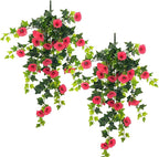 Artificial Flowers Faux Outdoor Plants Artificial Petunias For Outdoors Uv Resistant Fake Petunias Plants Hanging Flower Patio Decor Outside Basket Realistic Silk Plant No Pot(Rose Red 2pcs)