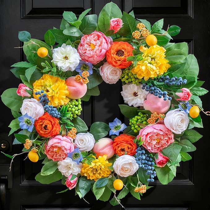 Pinkpuii Spring Wreaths for Front Door 24 Inch Vibrant Spring Summer Wreath with Peonies,Roses,Marigolds,Blueberries & Realistic Fruit Accents (Peach, Lemon)- Ideal for Porch,Entryway,Wall,Window