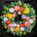 Pinkpuii Spring Wreaths for Front Door 24 Inch Vibrant Spring Summer Wreath with Peonies,Roses,Marigolds,Blueberries & Realistic Fruit Accents (Peach, Lemon)- Ideal for Porch,Entryway,Wall,Window