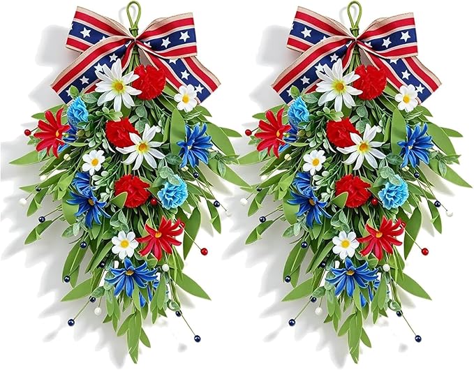 2 Pack 21'' Patriotic Swag Wreaths for Cabinets Artificial 4th of July Teardrop Wreath with Carnations and Daisies Red White Blue Floral for Independence Day Memorial Day Front Door Porch Window Wall
