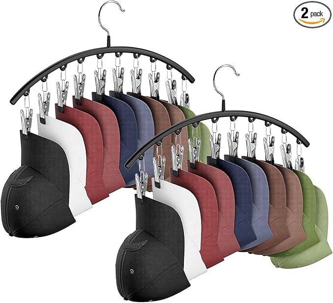 Hat Hangers for Closet, Metal 2 Pack Hat Organizer Holder for Hanger Closet Display, Hat Racks for Baseball Caps w/10 Clips, Hat Holder for Ball Caps & Accessories, for Men Women, Black