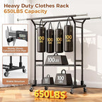 Luxspire Heavy Duty Clothes Rack Load 650 LBS, Double Rod Clothing Racks for Hanging Clothes, Rolling Garment Racks with Lockable Wheels, Shelves, Adjustable Laundry Hanging Rack, Black