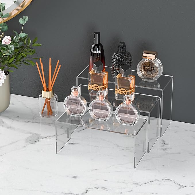 Sezanrpt 9x9.5x10 Inch Clear Display Risers Shelf 3pcs, Countertop Rectangular Acrylic Display Stands for Funko Pop Figure, Bags, Collectibles