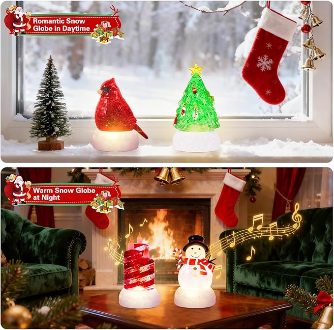4 Pack Christmas Snow Globes Tree Snowman Cardinal Candle with 8 Songs Music and 6H Timer USB & Battery Powered Water Globe Swirling Glitter for Holiday Decorations (Tree Snowman Cardinal Candle)