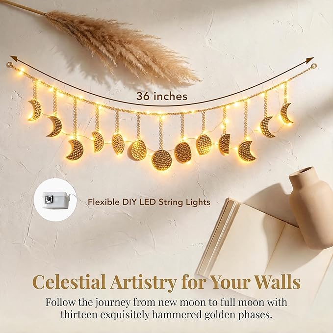 Boho Moon Phase Wall Hanging, Gold Hammered Metal LED Celestial Garland for Bedroom Witchy Home Christmas Decor