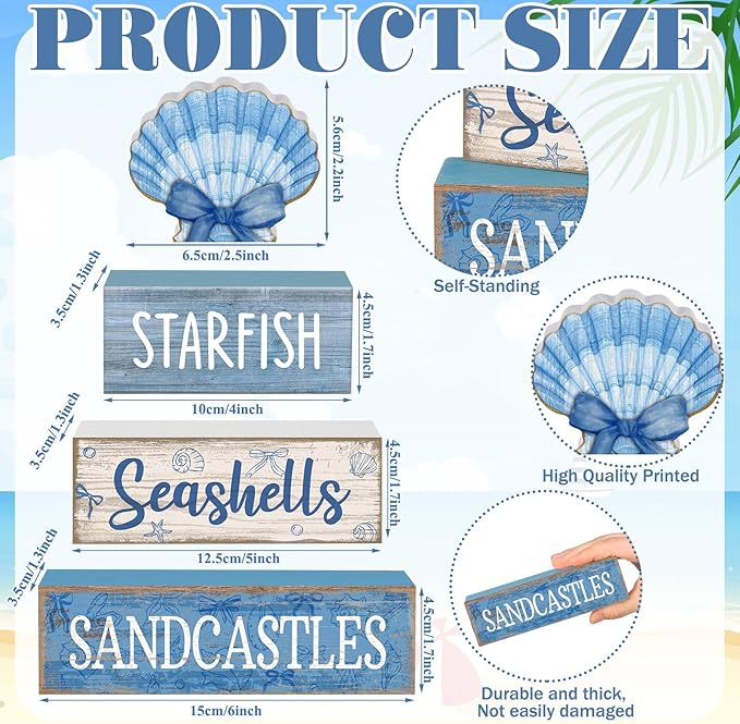 Moucuny 4 Pcs Nautical Beach Decor Shell Tiered Tray Decoration Blue Bow Table Centerpieces Summer Rustic Decorative Block Signs Gift Farmhouse Table Sign for Home Kitchen Shelf