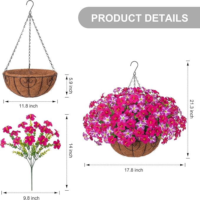 INSPRING Artificial Hanging Flowers for Outdoors Baskets Fake Plants Spring Decoration, UV Resistant Faux Silk Morning Glory in Planter Look Real for Outside Patio Porch Balcony Garden Home Decor