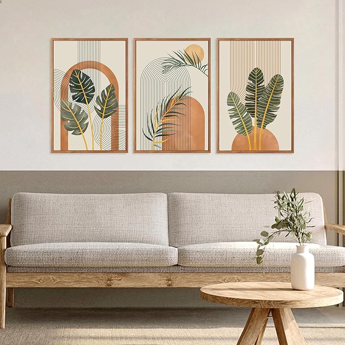 KAIRNE Boho Canvas Wall Art,Abstract Minimalist Room Decor,Tropical Botanical Wall Decor,Mid-Century Geometric Illustrations Set of 3(16”X24”),Botanical Print for Living Room Bedroom Dining Room Decor