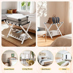 26.77"L Luggage Rack, White Luggage Rack for Guest Room, Bamboo Folding Suitcase Stand with Storage Shelf, 5 Nylon Straps, Heavy Duty Luggage Holder for Bedroom Hotel, 1 Pack, Gift Box Packaging