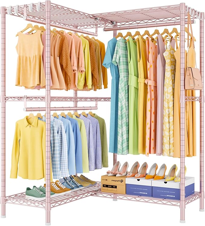 E15 Garment Rack L Shaped Clothes Rack for Corner，Freestanding Clothing Racks for Hanging Clothes，Heavy Duty Closet Organizer with 4 Hanging Rods & 8 S Hooks，43.4" W x 15.8" D x 78.4" H，Pink