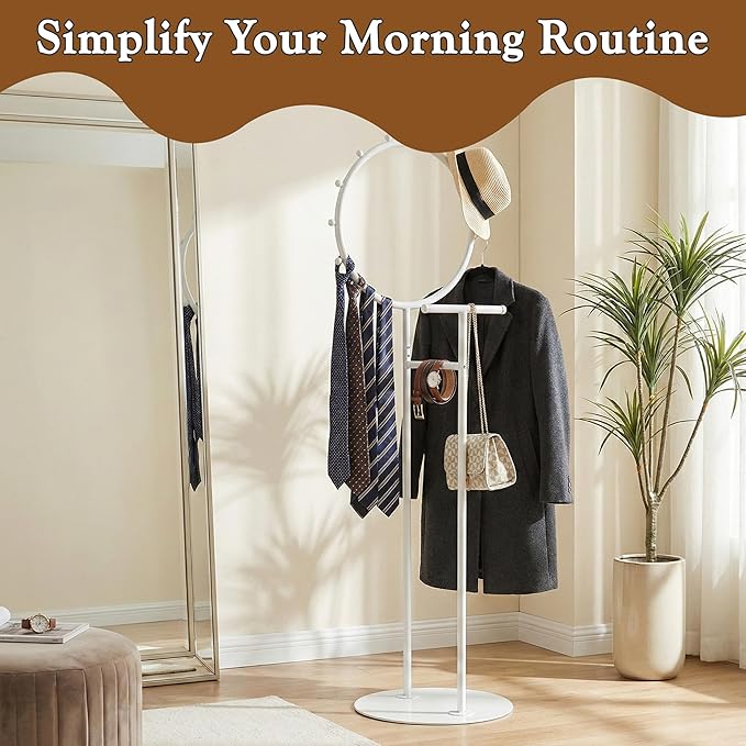 Kings Brand Furniture Cheska Suit Valet Stand with Circular Frame - Tie Jacket Clothes Hooks, Freestanding Clothing Organizer, White