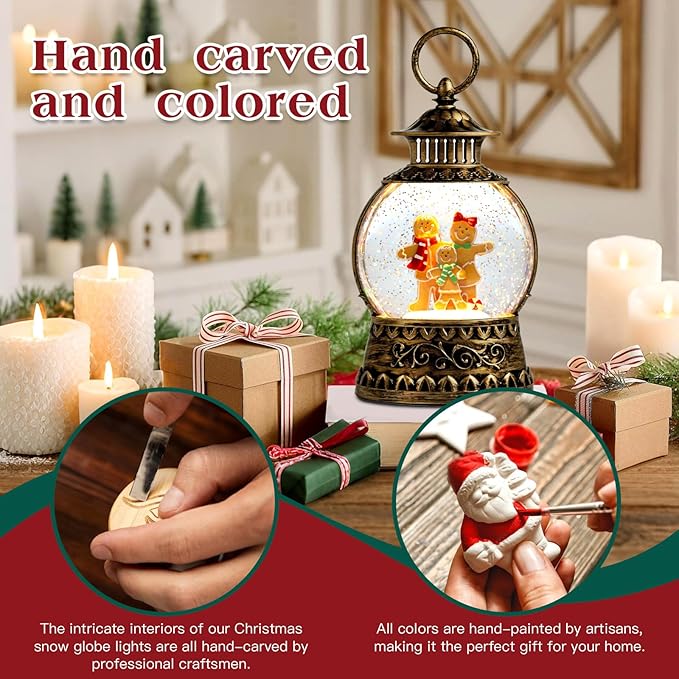 Christmas Snow Globe,Gingerbread Man Musical Snow Globe Lantern Lights with 6H Timer Battery & USB Powered, Retro Style Holiday Glitter Globe for Xmas Home Decoration Holiday Party Gifts
