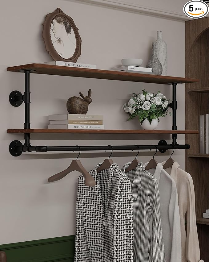 Clothes Rack 36in, 2 Tier Wall Mounted Garment Rack with Real Wood Shelf, Heavy Duty Hanging Clothes Rack, Multi-Purpose Hanging Rod, Space-Saving Closet Storage