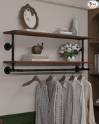 Clothes Rack 36/42/48in, Wall Mounted Garment Rack with Real Wood Shelf, Heavy Duty Hanging Clothes Rack, Multi-Purpose Hanging Rod, Space-Saving Closet Storage (1T36IN) (2T48IN)