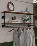 Clothes Rack 42in, 2 Tier Wall Mounted Garment Rack with Real Wood Shelf, Heavy Duty Hanging Clothes Rack, Multi-Purpose Hanging Rod, Space-Saving Closet Storage