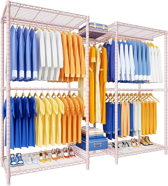 Ulif E12 Pro Clothes Rack，Heavy Duty Freestanding Garment Rack with Shelves，Metal Clothing Closet Storage System for Hanging Clothes，71" W x 16" D x 76.5" H, Hold 960 lbs，Pink