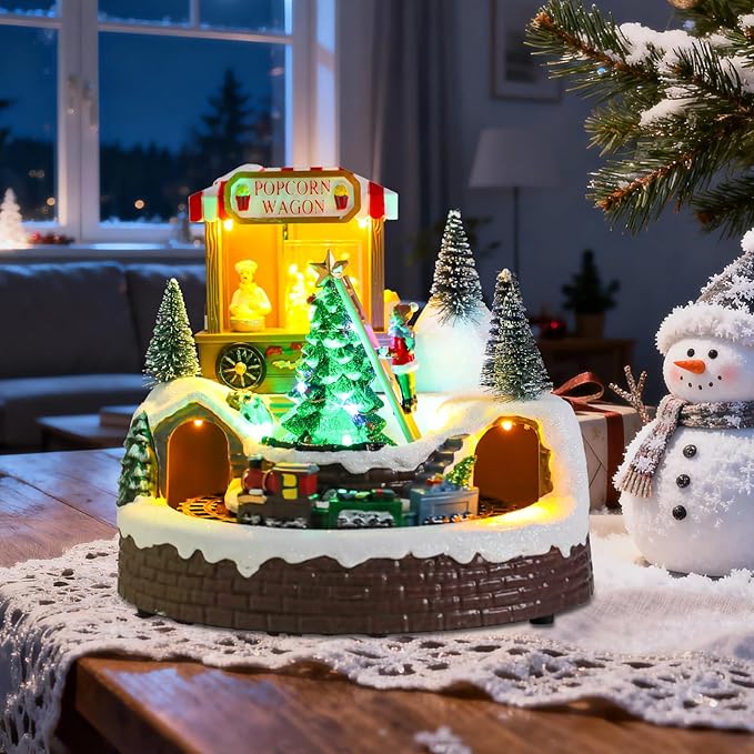 WONDER GARDEN Christmas Village Houses-Christmas Houses Village - Lighted Colorful Musical Popcorn Wagon Collectible Buildings with Moving Train for Home Indoor Decor or Gift
