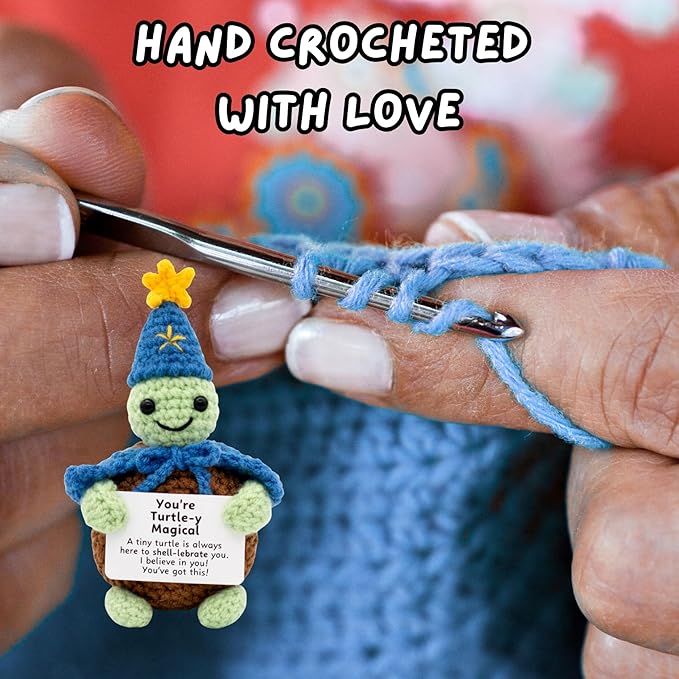 Handcrafted Crochet Witch Doll, Small 2.5x1.5x4 Inch Decorative Plush Figure, Yarn Material, Magical Theme, Inspirational Signs, for Ages 13+ (Turtle Wizard)
